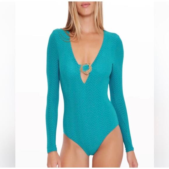 Trina Turk Other - Trina Turk Empire Long Sleeve Paddle Suit Swimsuit NWT XS Turquoise Shimmer
